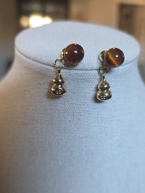 Gold Drop and Brown Tiger Eye Stud Earrings - Unbranded